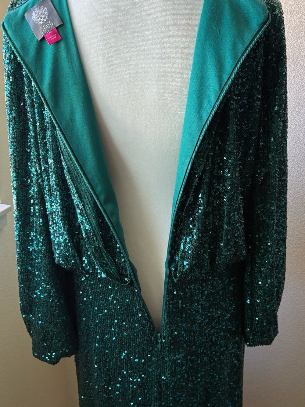 Vince Camuto Emerald Green Sequined Balloon Sleeve Sheath Dress Size 12 VCI 3204 - Picture 4 of 16
